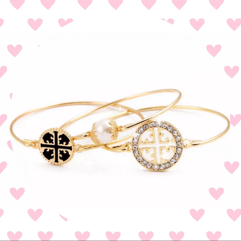 3 Gold Bracelets with Rhinestones and Pearl